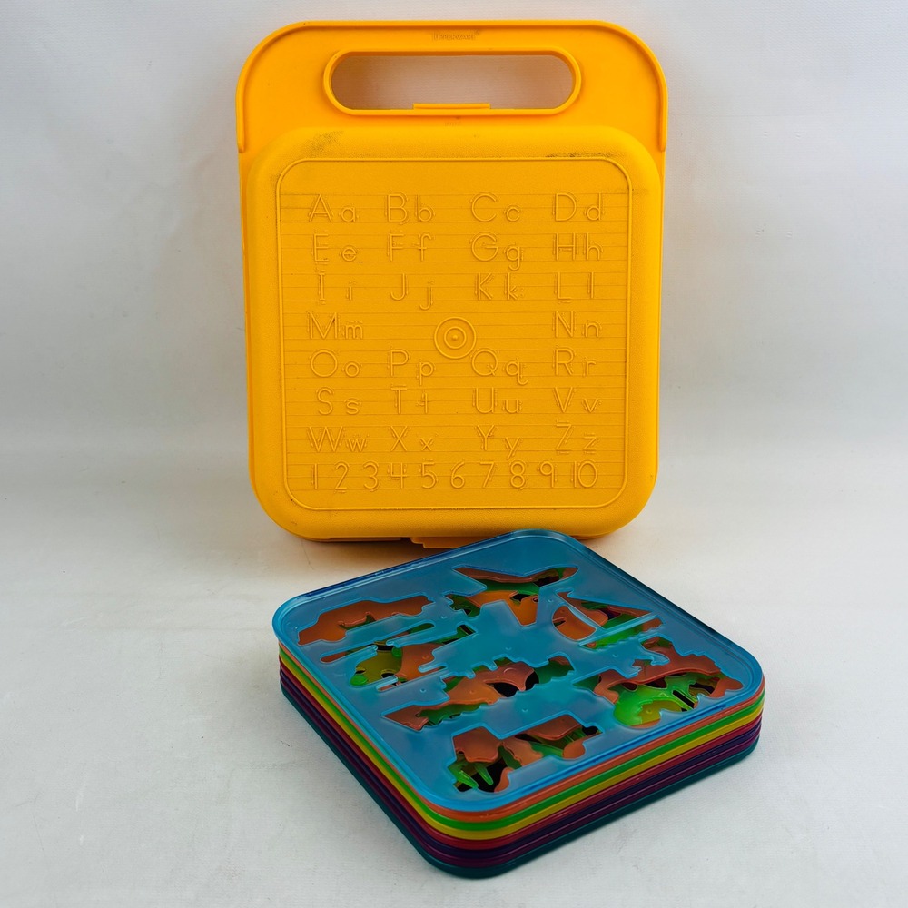 Vintage Tupperware Alphabet Carry Case 8 Stencil Lot Yellow ABC Pencil Lunch Box